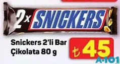 SNİCKERS 2'Lİ BAR ÇİKOLATA 80 G fiyat ve kampanya bilgisi